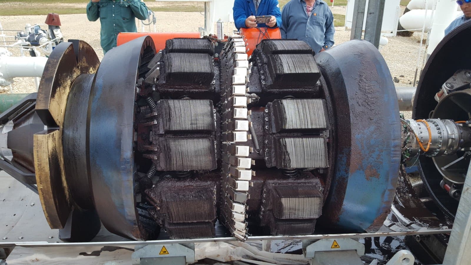 Multistage pump opened on site with internals packed in iron-sulphide fouling.