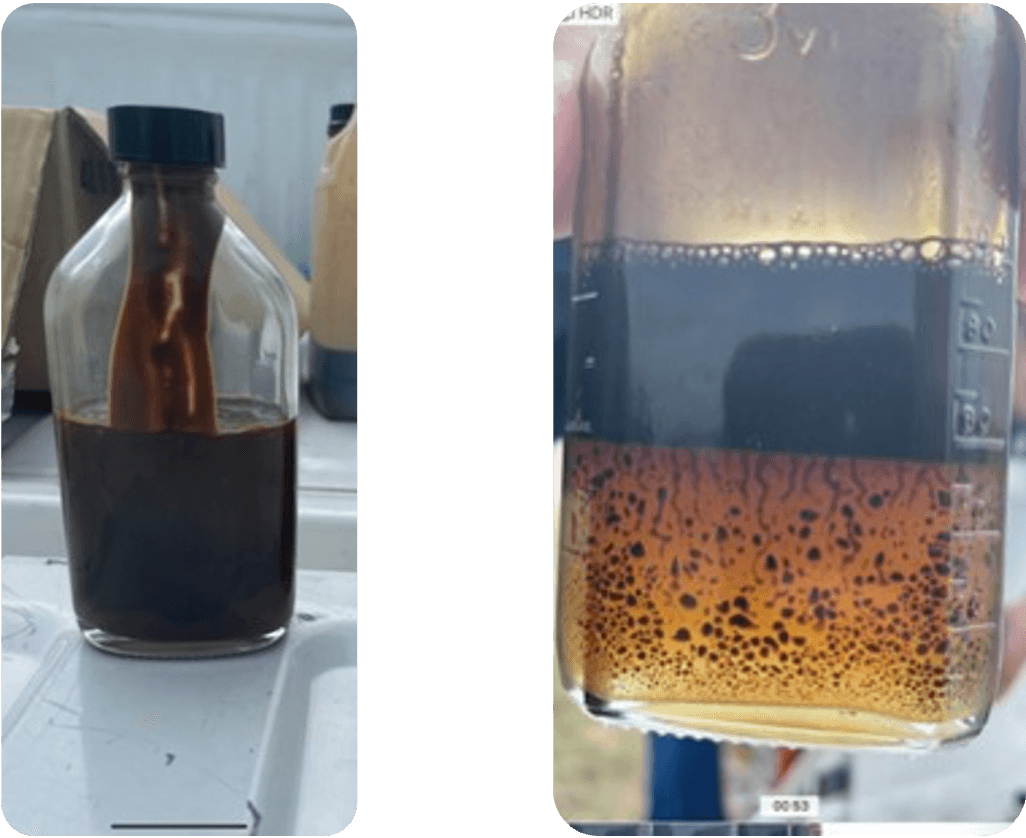 Black iron-laden produced water beside the same water clarified after iron-control treatment.