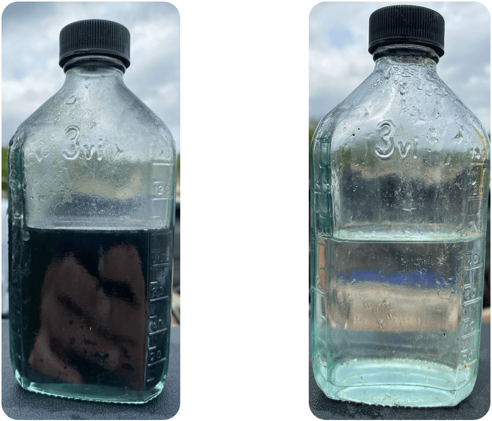 Raw versus treated produced water — iron and suspended solids removed for reuse.
